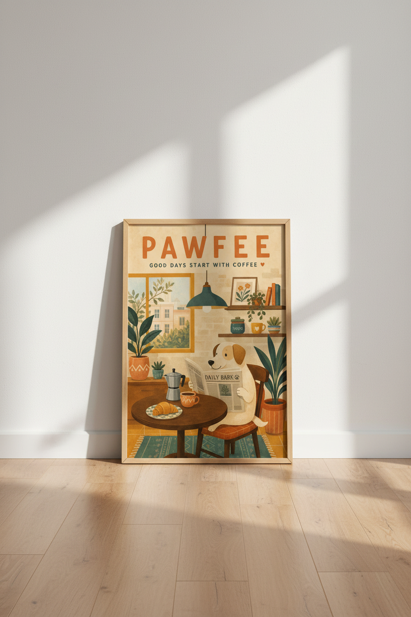 Dog Coffee Bar Art | Retro Kitchen Poster, Pet Lover Gift, Whimsical Cafe Decor