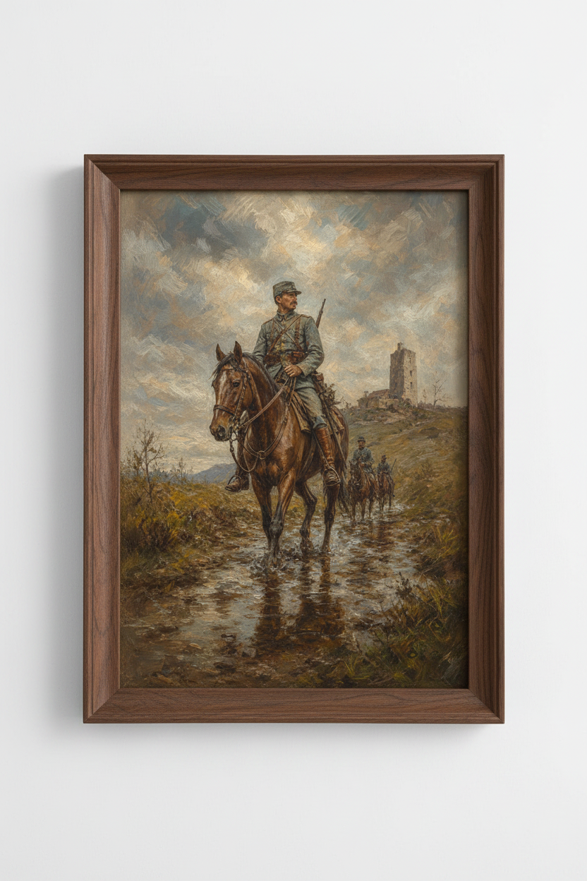Military wall art print | Romantic war realism, blue-grey palette | Living room decor