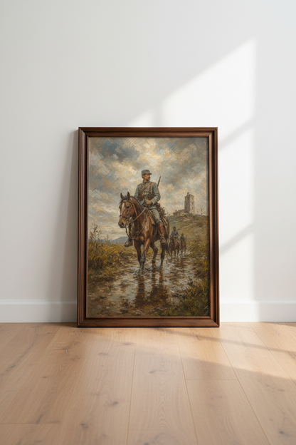 Military wall art print | Romantic war realism, blue-grey palette | Living room decor