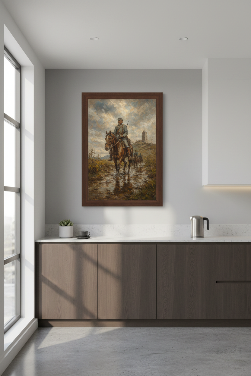 Military wall art print | Romantic war realism, blue-grey palette | Living room decor