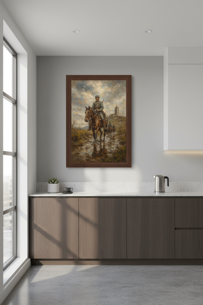 Military wall art print | Romantic war realism, blue-grey palette | Living room decor