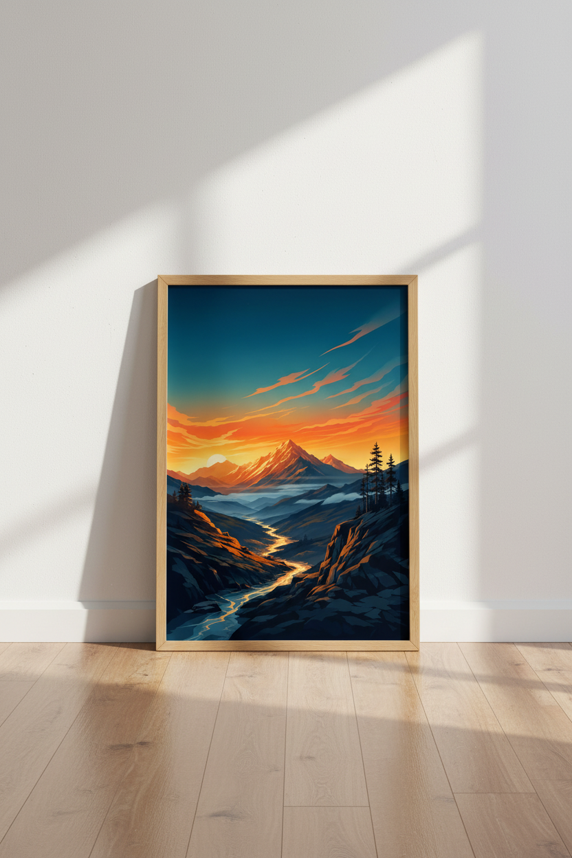 Mountain Sunset Wall Art | Vibrant Landscape Poster, Living Room Nature Decor