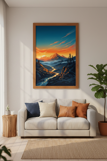 Mountain Sunset Wall Art | Vibrant Landscape Poster, Living Room Nature Decor