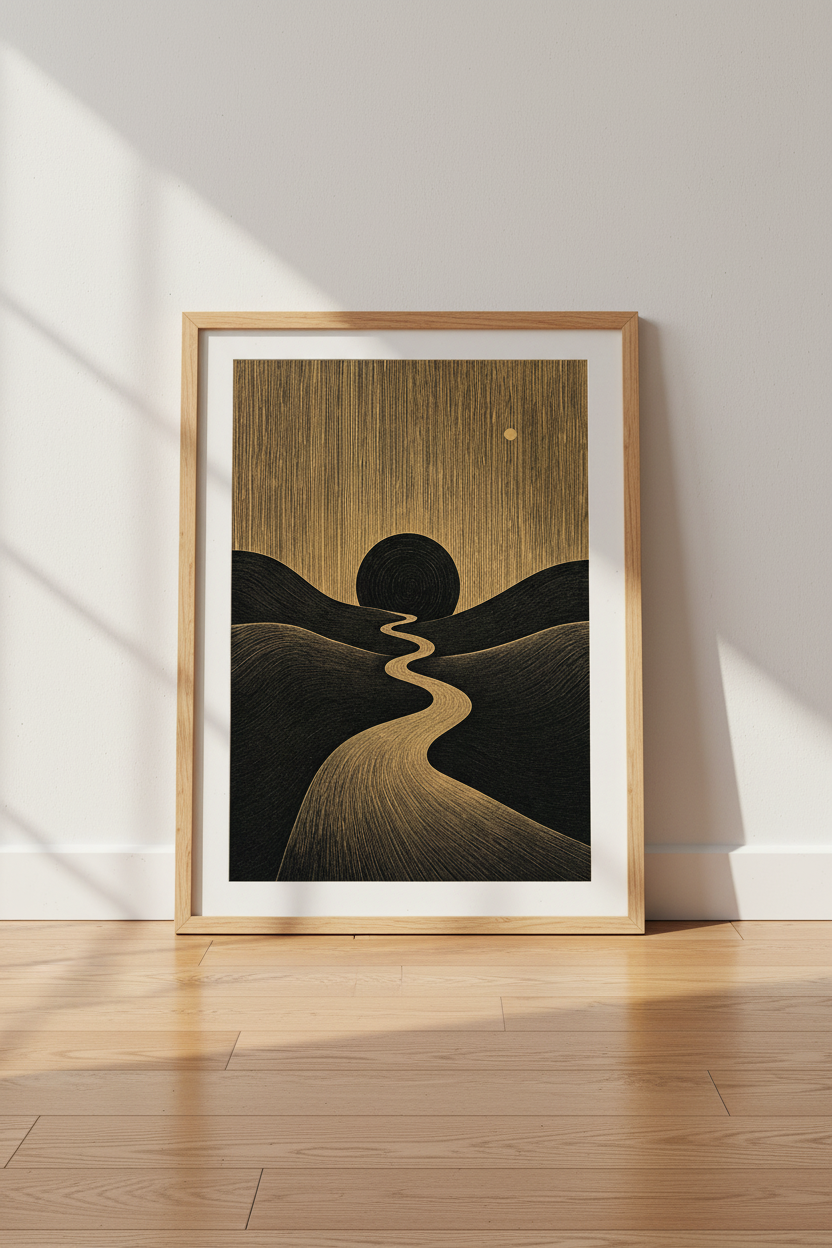 Minimalist Desert Path Wall Art | Gold &amp; Black Abstract Poster, Modern Living Room Decor