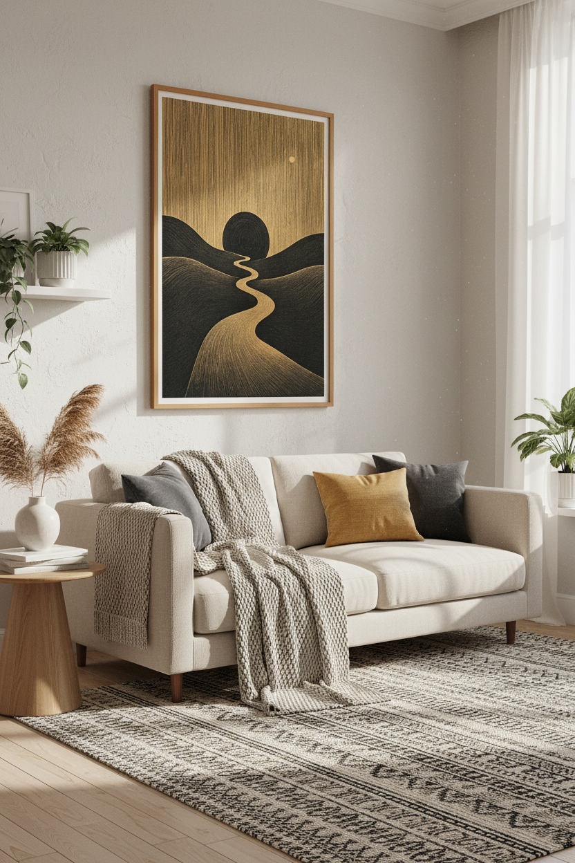Minimalist Desert Path Wall Art | Gold &amp; Black Abstract Poster, Modern Living Room Decor