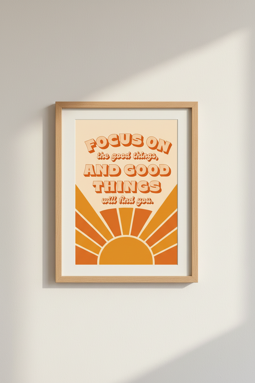 Retro Sun Quote Wall Art | Focus On The Good Things | 70s Aesthetic Poster