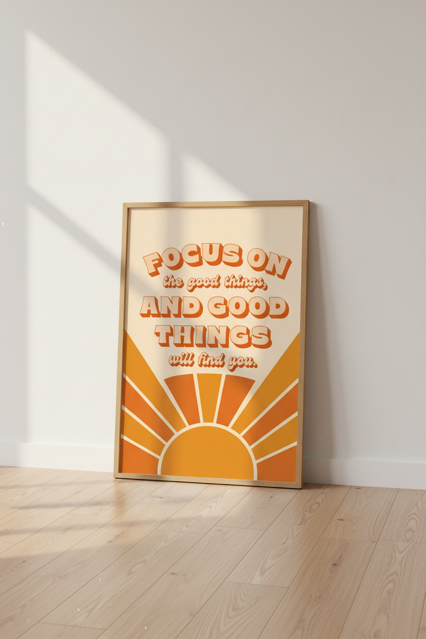Retro Sun Quote Wall Art | Focus On The Good Things | 70s Aesthetic Poster