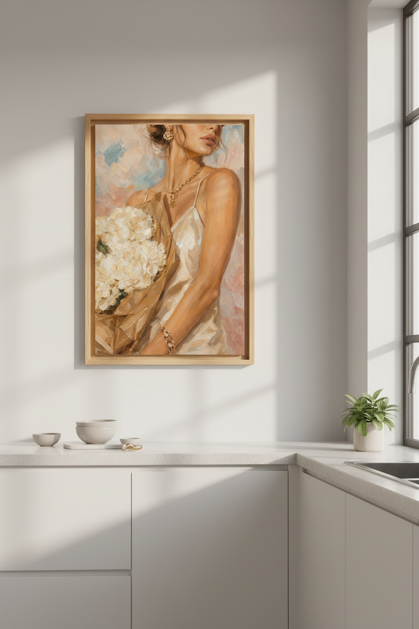 Chic Woman Oil Painting | Romantic Floral Portrait, Neutral Bedroom Wall Art Poster