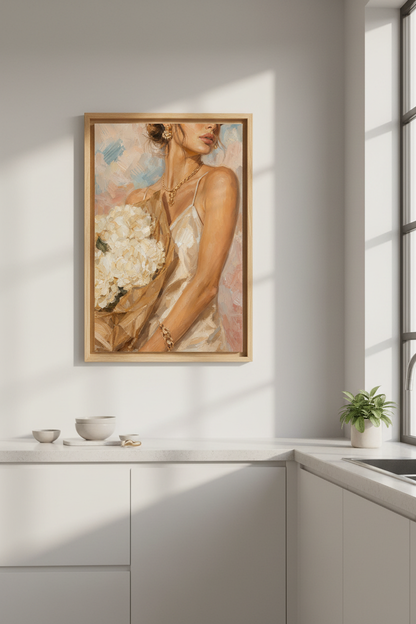 Chic Woman Oil Painting | Romantic Floral Portrait, Neutral Bedroom Wall Art Poster
