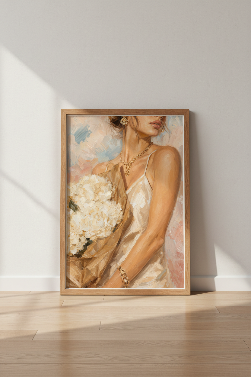Chic Woman Oil Painting | Romantic Floral Portrait, Neutral Bedroom Wall Art Poster