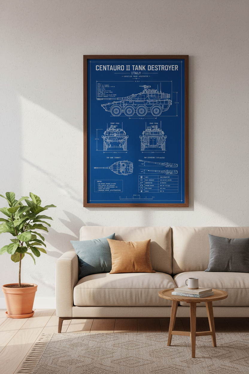 Centauro II Tank Destroyer Blueprint | Military History Poster, Office Decor Art