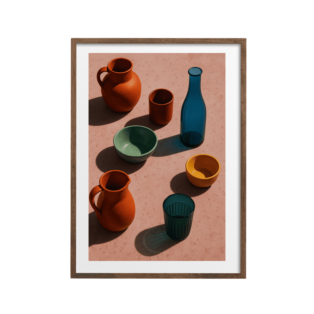 Ceramic and Glass Still Life Art Print - Colorful Modern Wall Art on Pink Background