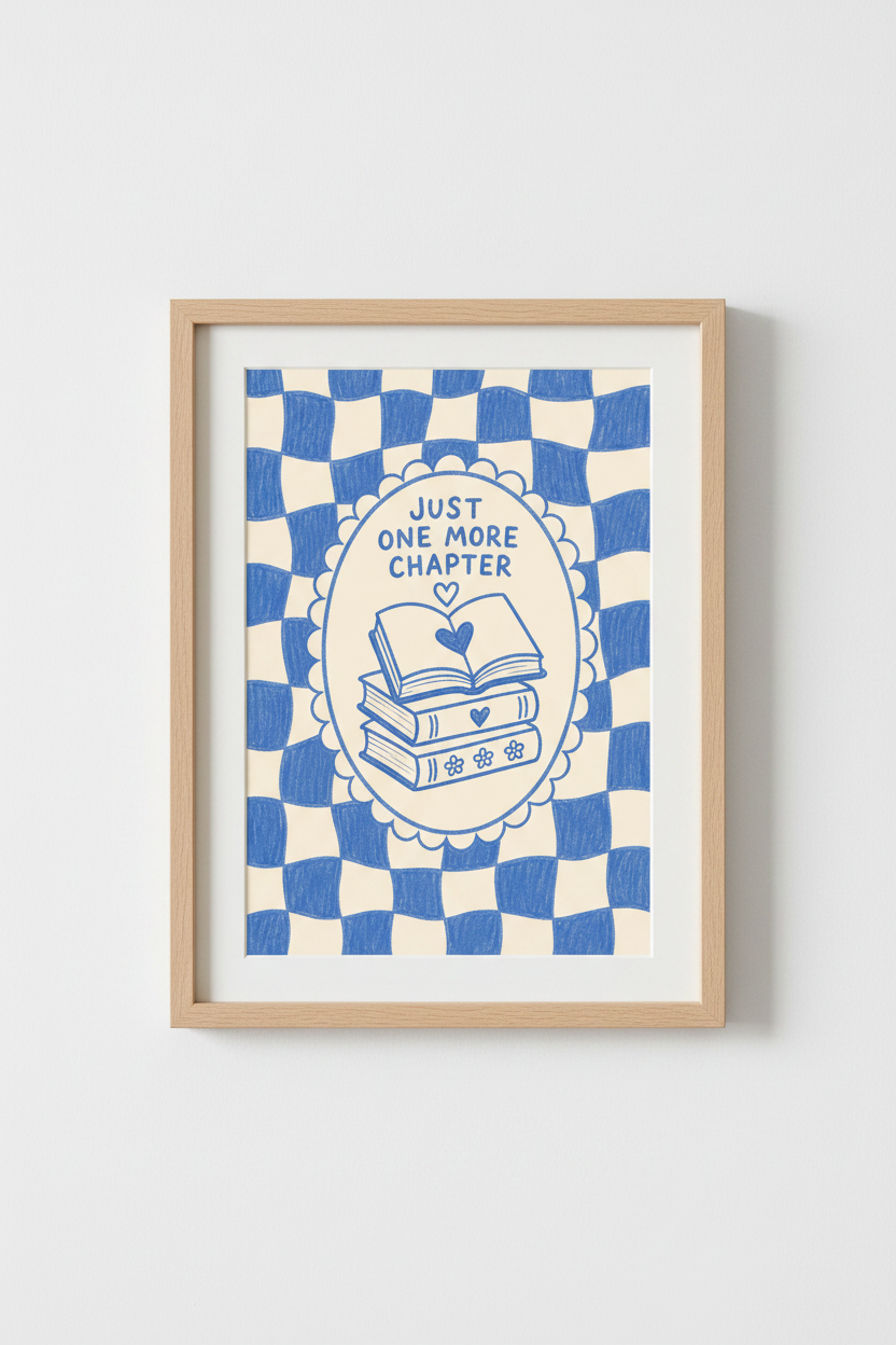 Book Wall Art Print | Cozy Reading Nook Decor | Blue Sketch Poster