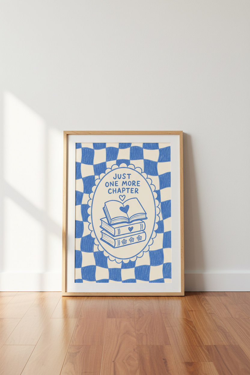 Book Wall Art Print | Cozy Reading Nook Decor | Blue Sketch Poster
