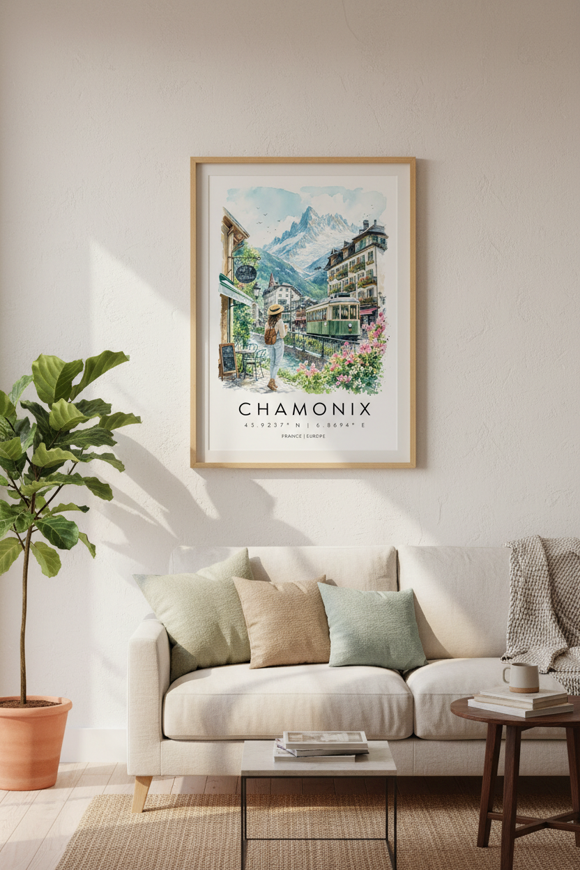 Chamonix France Travel Poster | Watercolor Mountain Wall Art, French Alps Decor