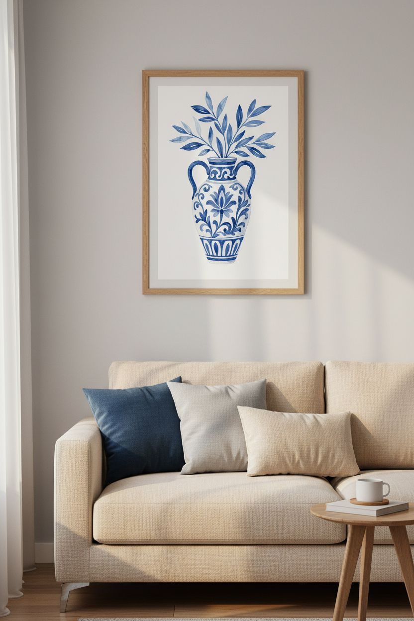 Chinoiserie Art Print | Blue White Ginger Jar Vase, Coastal Botanical Wall Decor