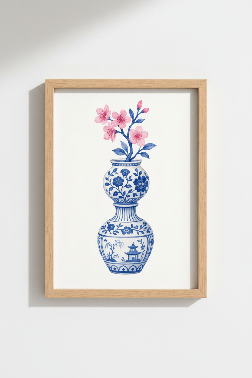 Chinoiserie Wall Art Print | Blue White Ginger Jar, Pink Cherry Blossom Decor