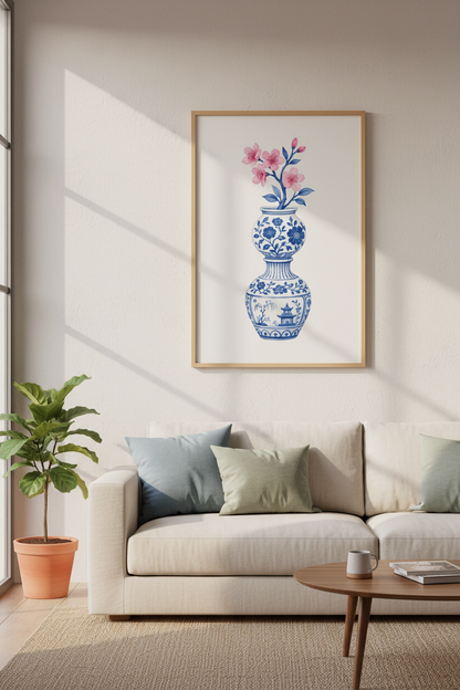 Chinoiserie Wall Art Print | Blue White Ginger Jar, Pink Cherry Blossom Decor