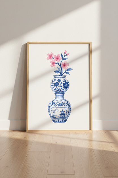 Chinoiserie Wall Art Print | Blue White Ginger Jar, Pink Cherry Blossom Decor