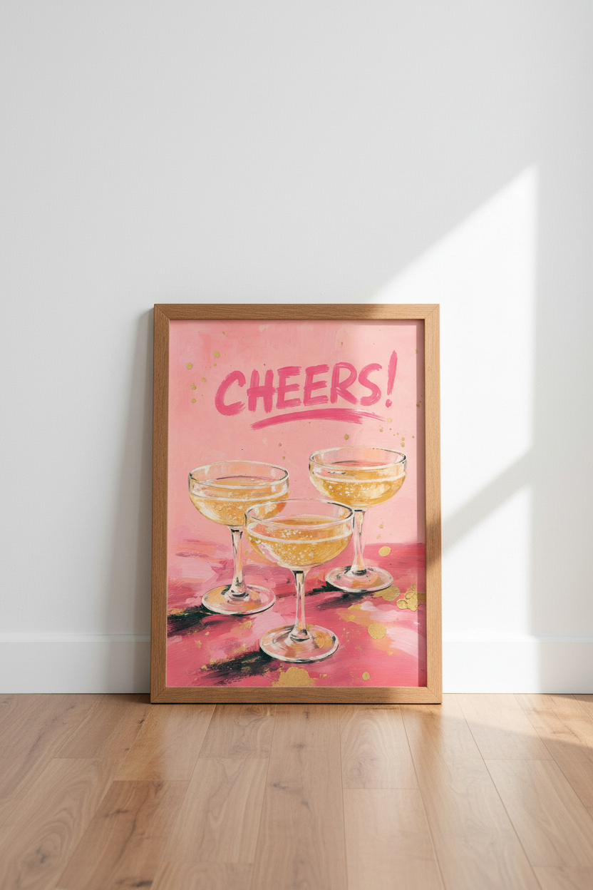 Cheers Champagne Wall Art | Pink Bar Cart Decor, Preppy Kitchen Poster