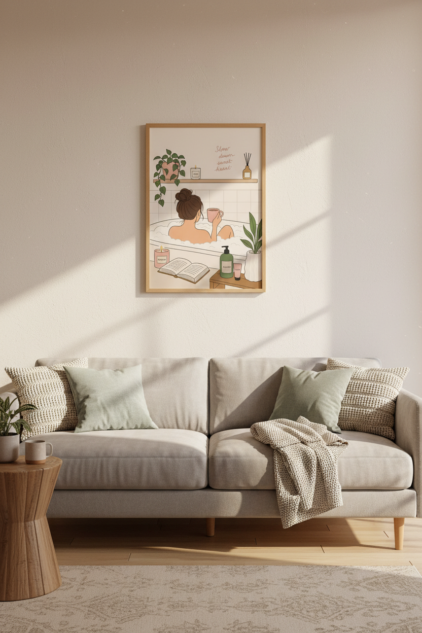 Self Care Wall Art Print | Relaxing Bathroom Decor | Pink Aesthetic Poster