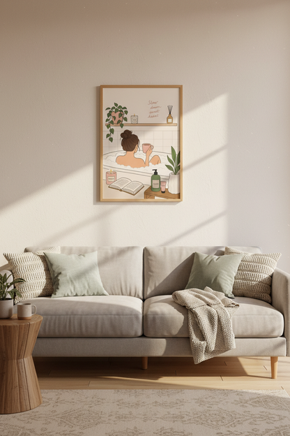 Self Care Wall Art Print | Relaxing Bathroom Decor | Pink Aesthetic Poster