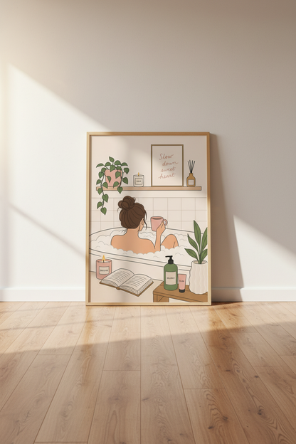 Self Care Wall Art Print | Relaxing Bathroom Decor | Pink Aesthetic Poster