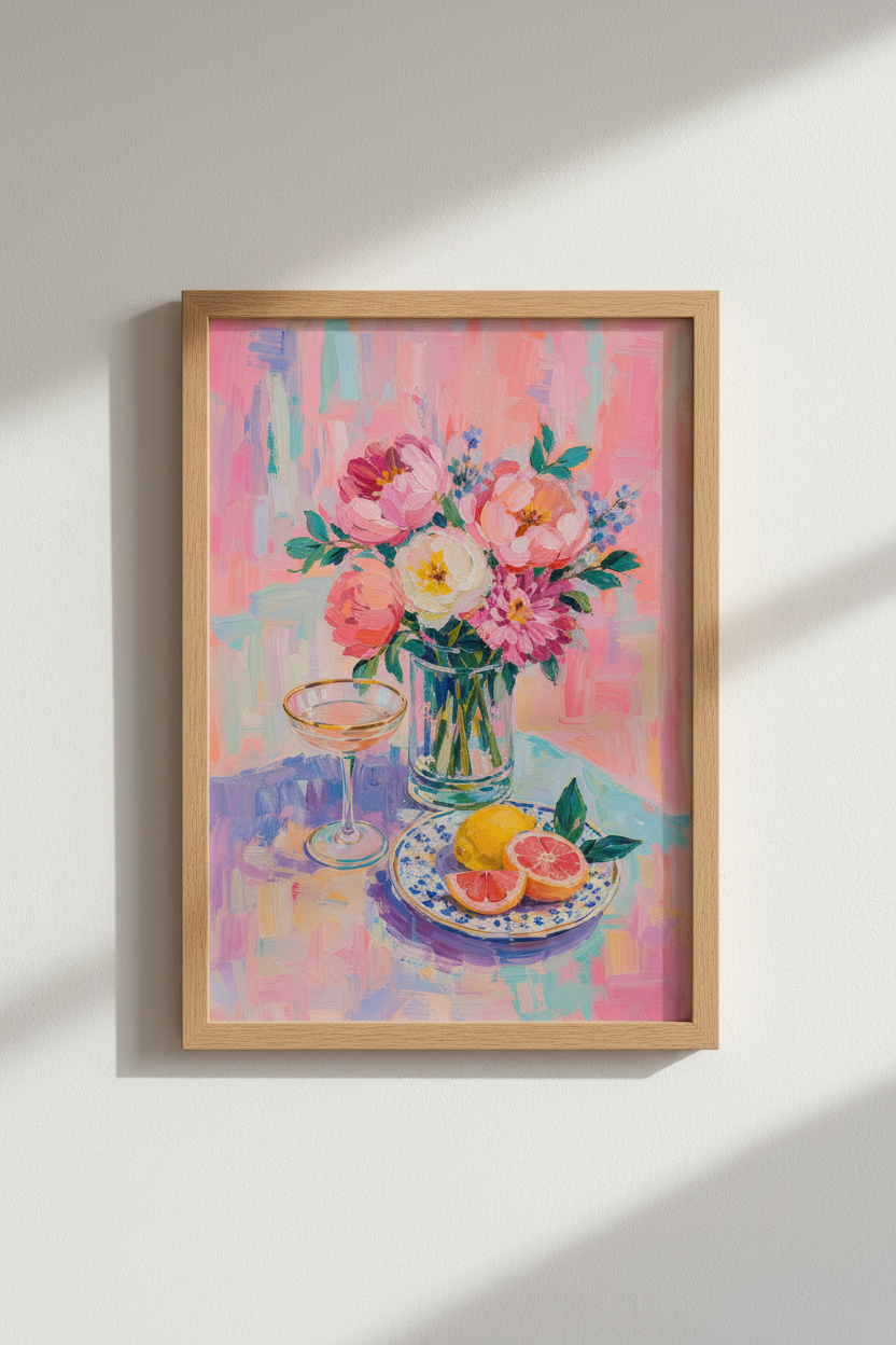 Pastel Floral Oil Painting | Pink Peony &amp; Citrus Still Life, Kitchen Decor Poster