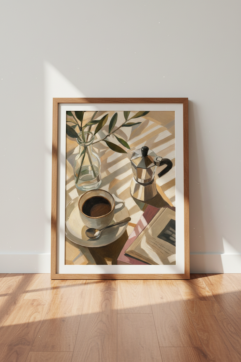 Coffee Still Life Print | Moka Pot Oil Painting, Kitchen Cafe Decor Art