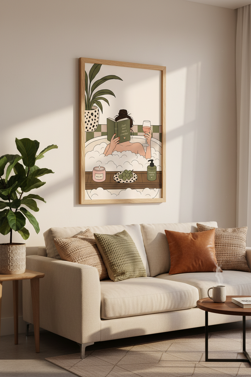Bathing Bookworm Art Print | Retro Bathroom Decor | Sage Green Aesthetic Poster