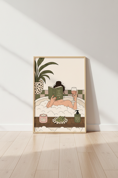 Bathing Bookworm Art Print | Retro Bathroom Decor | Sage Green Aesthetic Poster