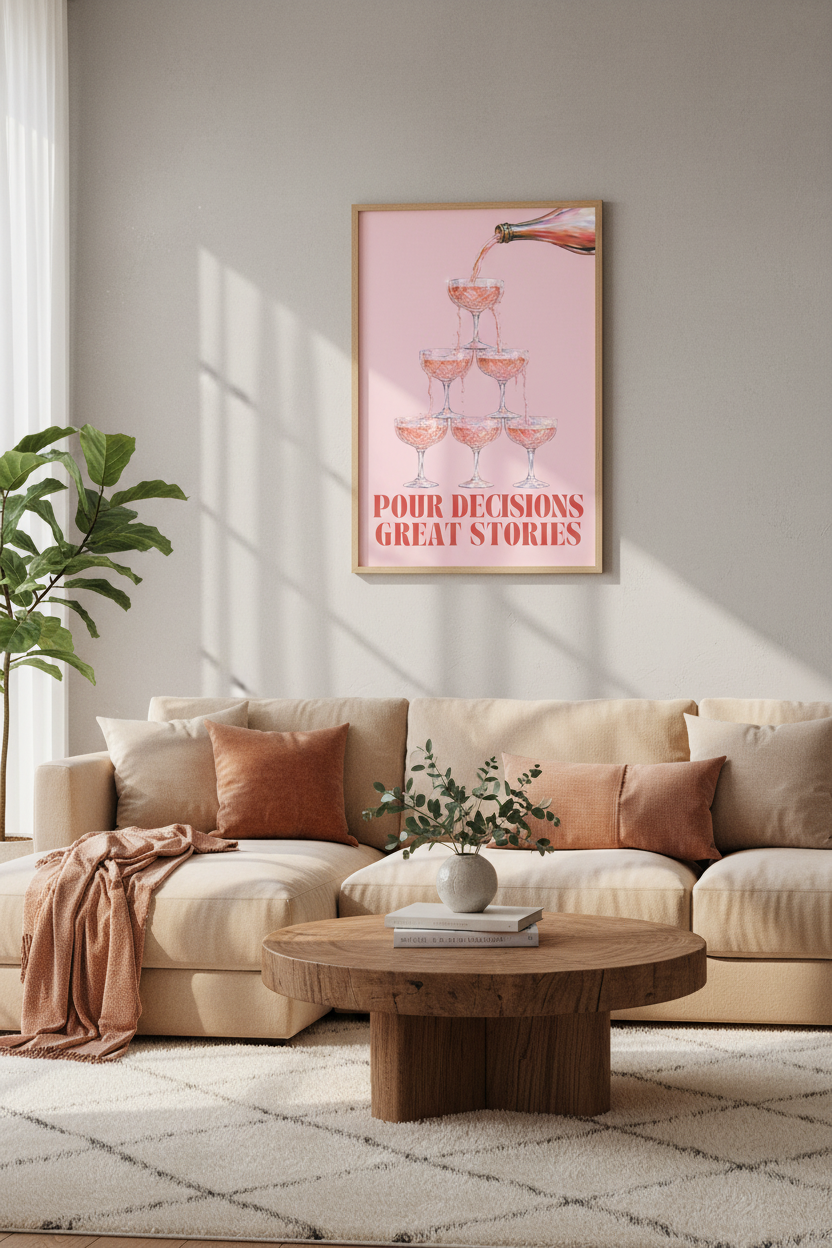 Pink Champagne Wall Art | Preppy Bar Cart Decor, Pour Decisions Poster