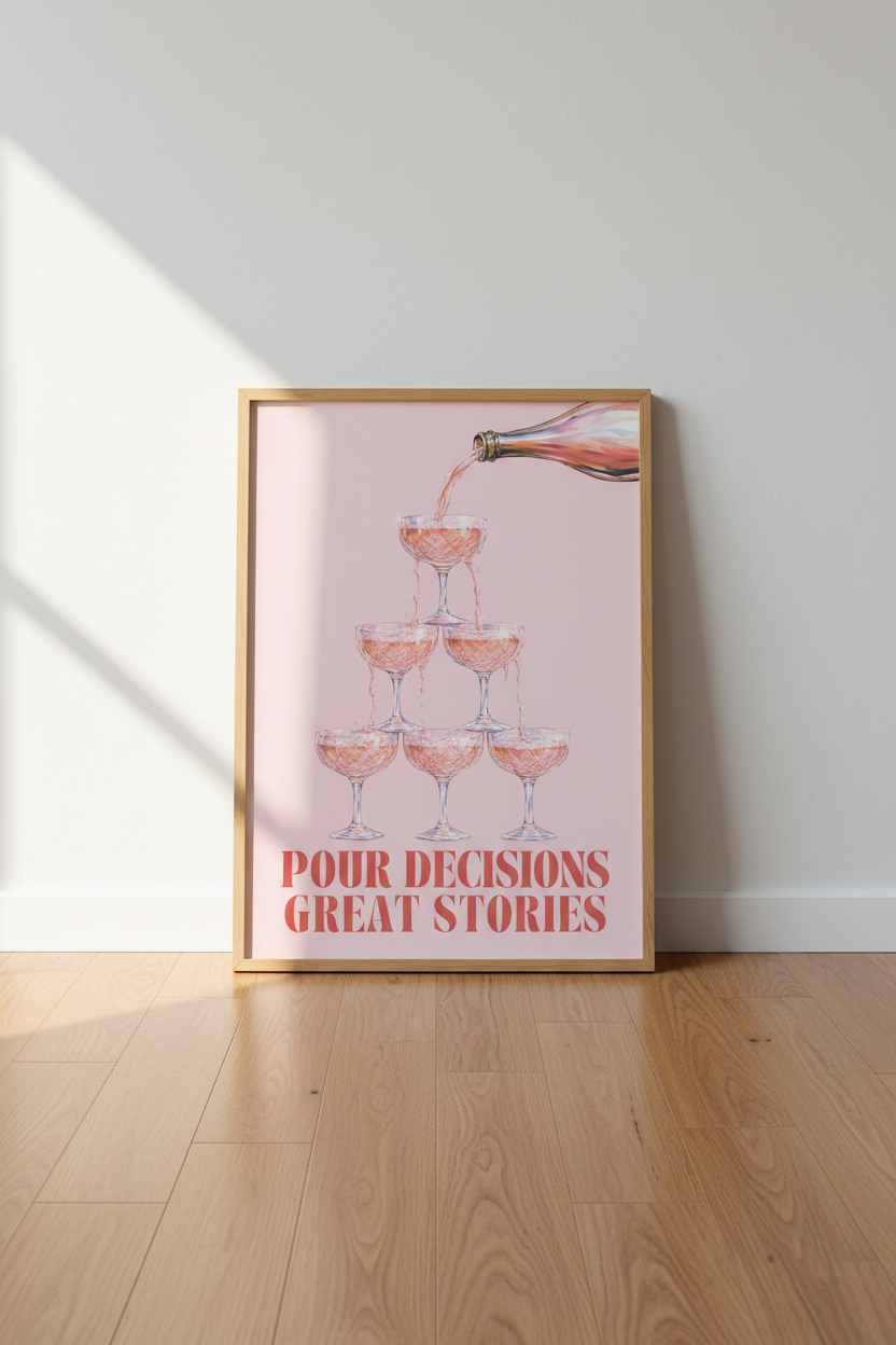 Pink Champagne Wall Art | Preppy Bar Cart Decor, Pour Decisions Poster