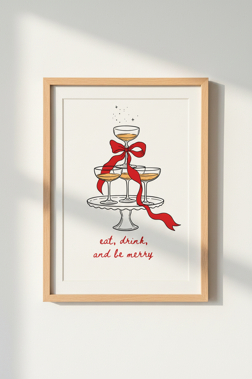 Christmas Bar Cart Art | Festive Champagne Tower Print | Holiday Kitchen Decor Poster