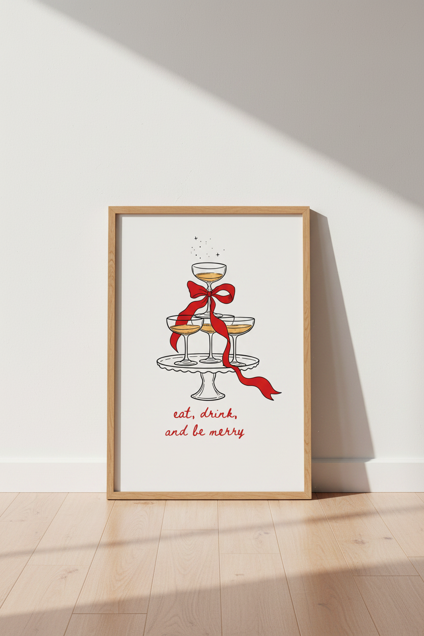 Christmas Bar Cart Art | Festive Champagne Tower Print | Holiday Kitchen Decor Poster