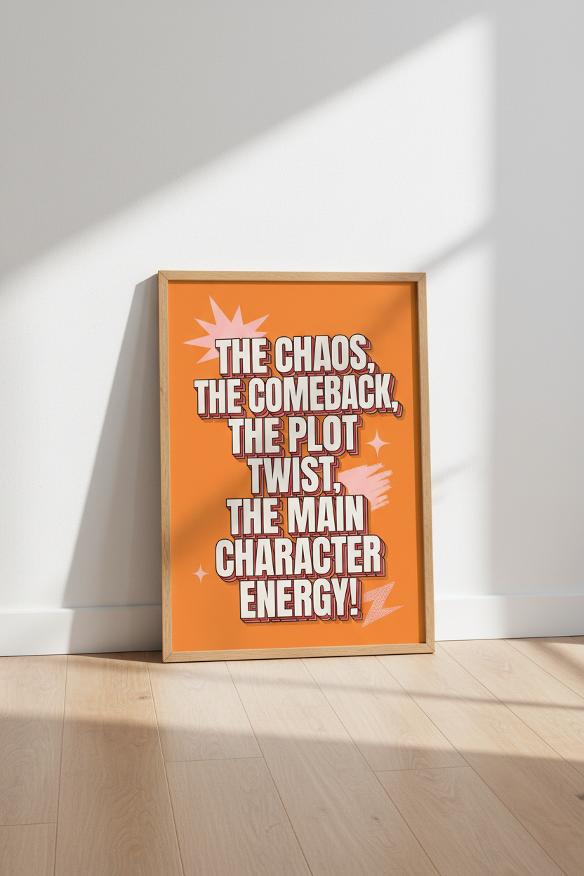 Main Character Energy Art | Retro Orange Typographic Poster, Aesthetic Dorm Decor