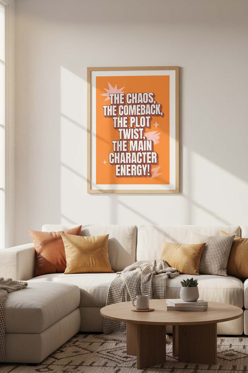 Main Character Energy Art | Retro Orange Typographic Poster, Aesthetic Dorm Decor
