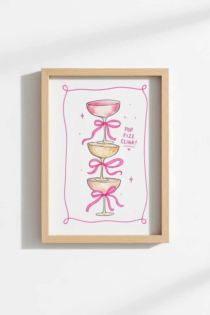 Coquette Bar Cart Print | Pink Champagne Watercolor Art, Girly Room Decor