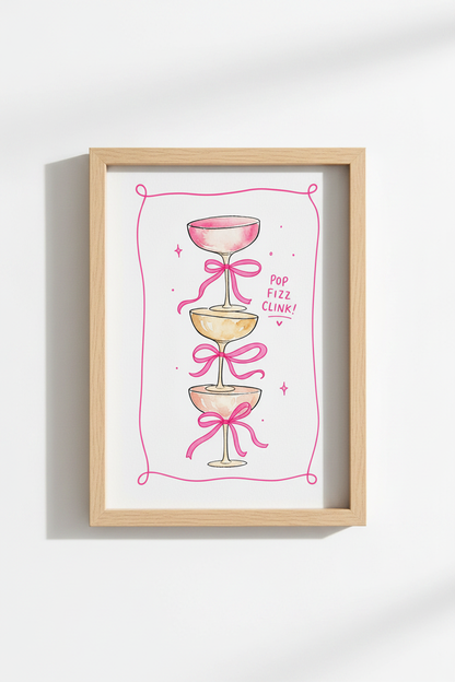 Coquette Bar Cart Print | Pink Champagne Watercolor Art, Girly Room Decor
