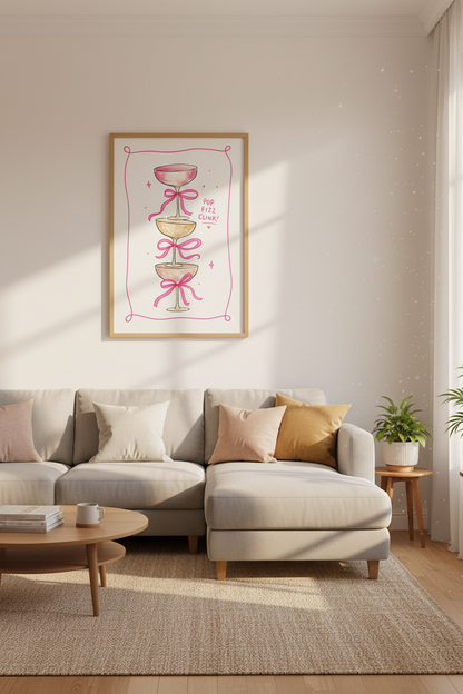 Coquette Bar Cart Print | Pink Champagne Watercolor Art, Girly Room Decor