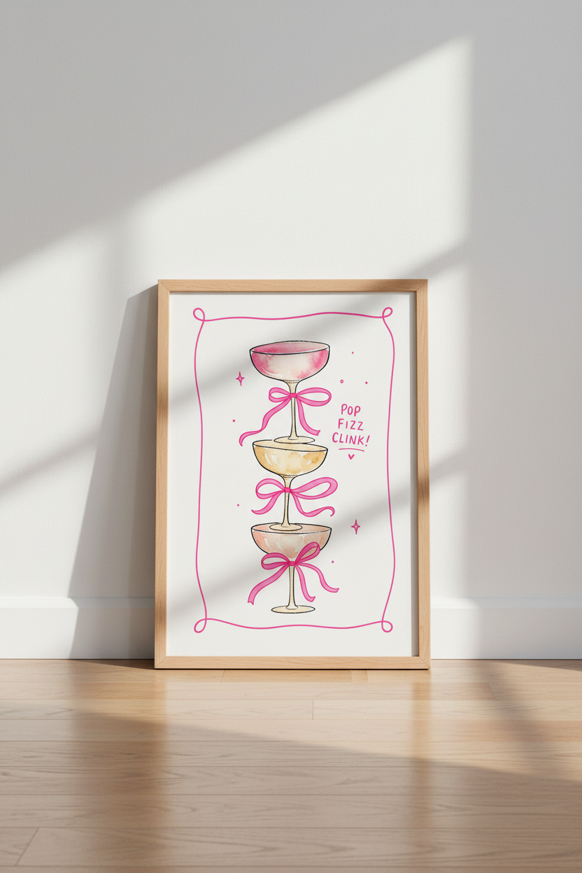Coquette Bar Cart Print | Pink Champagne Watercolor Art, Girly Room Decor