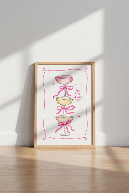 Coquette Bar Cart Print | Pink Champagne Watercolor Art, Girly Room Decor