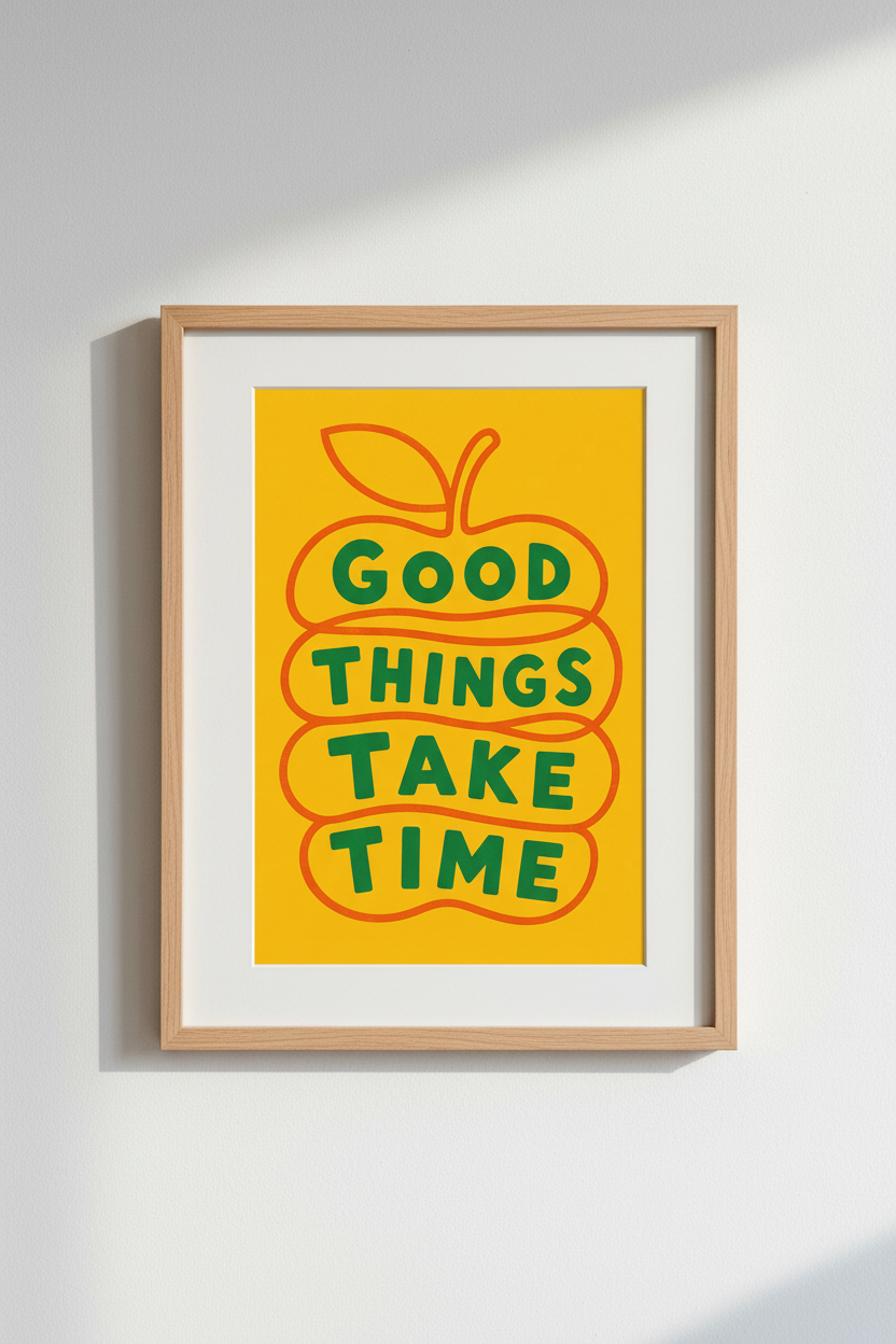Good Things Take Time Apple Print | Yellow Kitchen Decor | Retro Typography Poster