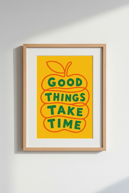 Good Things Take Time Apple Print | Yellow Kitchen Decor | Retro Typography Poster