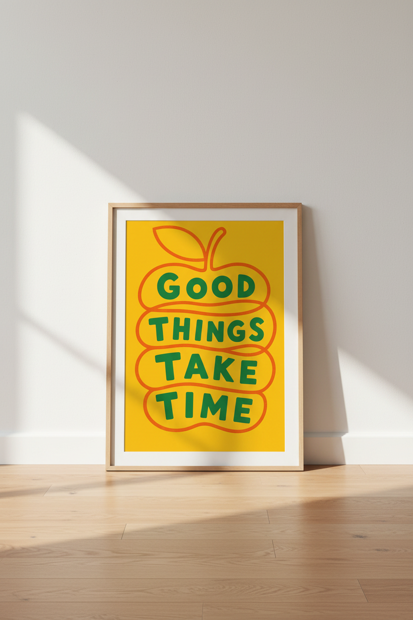 Good Things Take Time Apple Print | Yellow Kitchen Decor | Retro Typography Poster