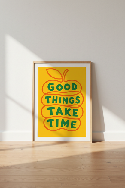 Good Things Take Time Apple Print | Yellow Kitchen Decor | Retro Typography Poster