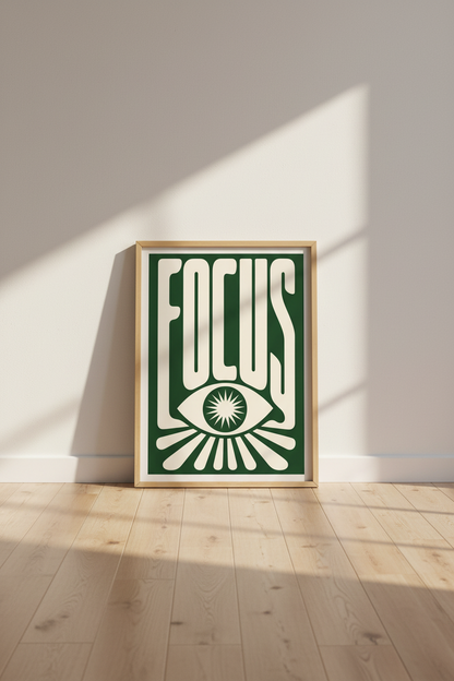 Focus Typography Wall Art | Green &amp; Cream Retro Poster, Modern Office Decor