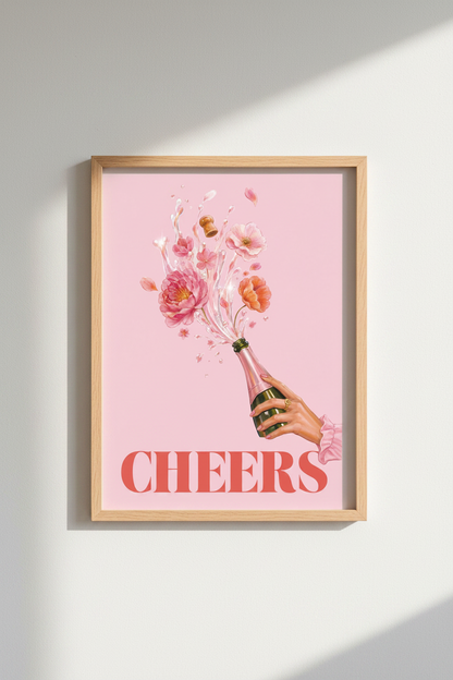 Pink Champagne Wall Art Print | Boho Floral Bar Cart Decor | Preppy Pink Poster