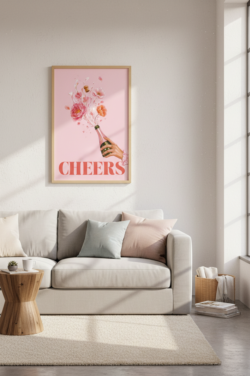 Pink Champagne Wall Art Print | Boho Floral Bar Cart Decor | Preppy Pink Poster
