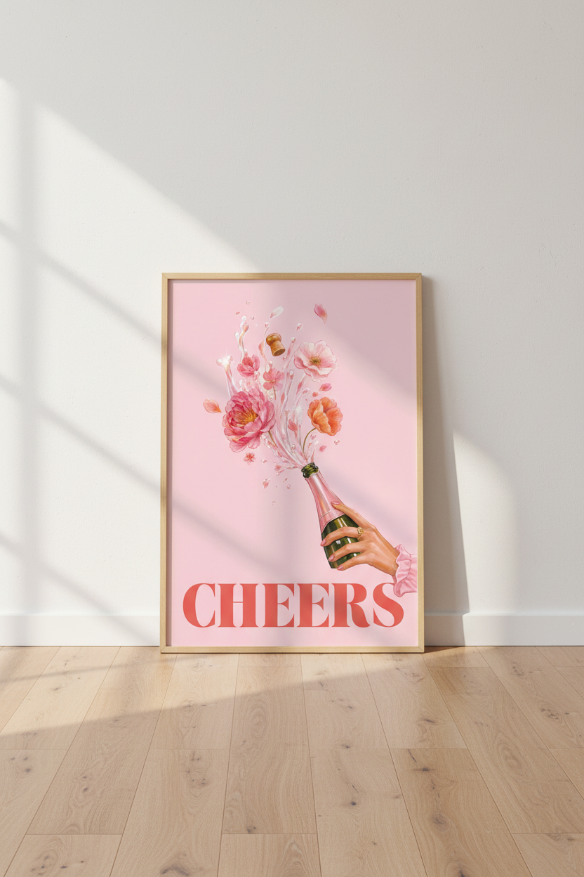 Pink Champagne Wall Art Print | Boho Floral Bar Cart Decor | Preppy Pink Poster